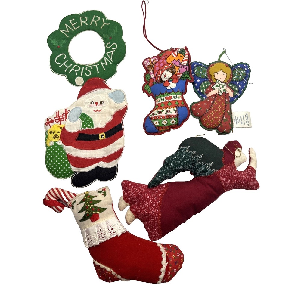 Vtg Christmas Ornaments Calico Patchwork Fabric‎ Lot Of 6 Santa Angel Stocking